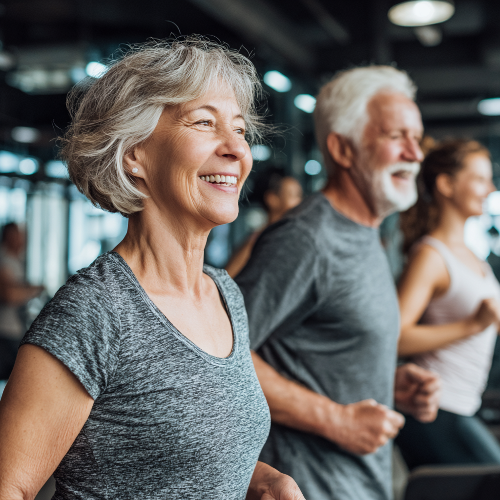 Middle-aged Ukrainian adults practicing gentle yoga and stretching exercises in a peaceful indoor environment